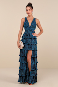 Beauty Icon Dark Teal Satin Pleated Tiered Lace-Up Maxi Dress 3