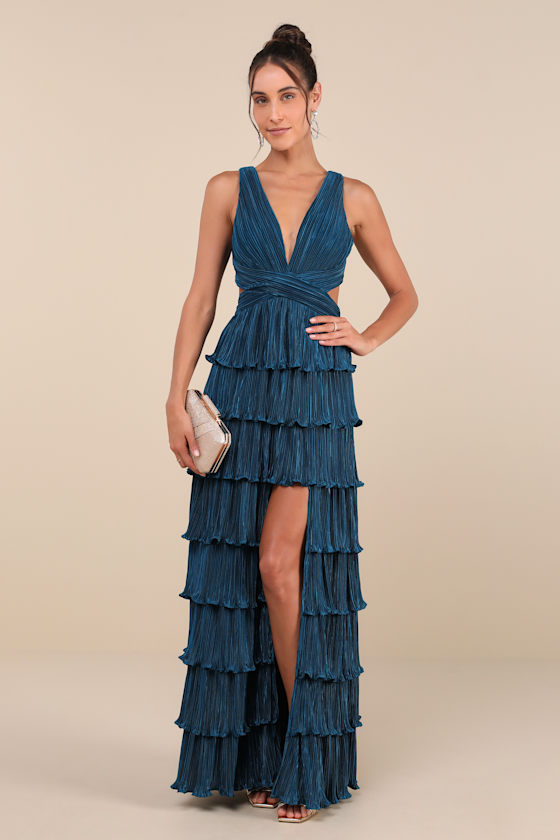 Beauty Icon Dark Teal Satin Pleated Tiered Lace-Up Maxi Dress 3