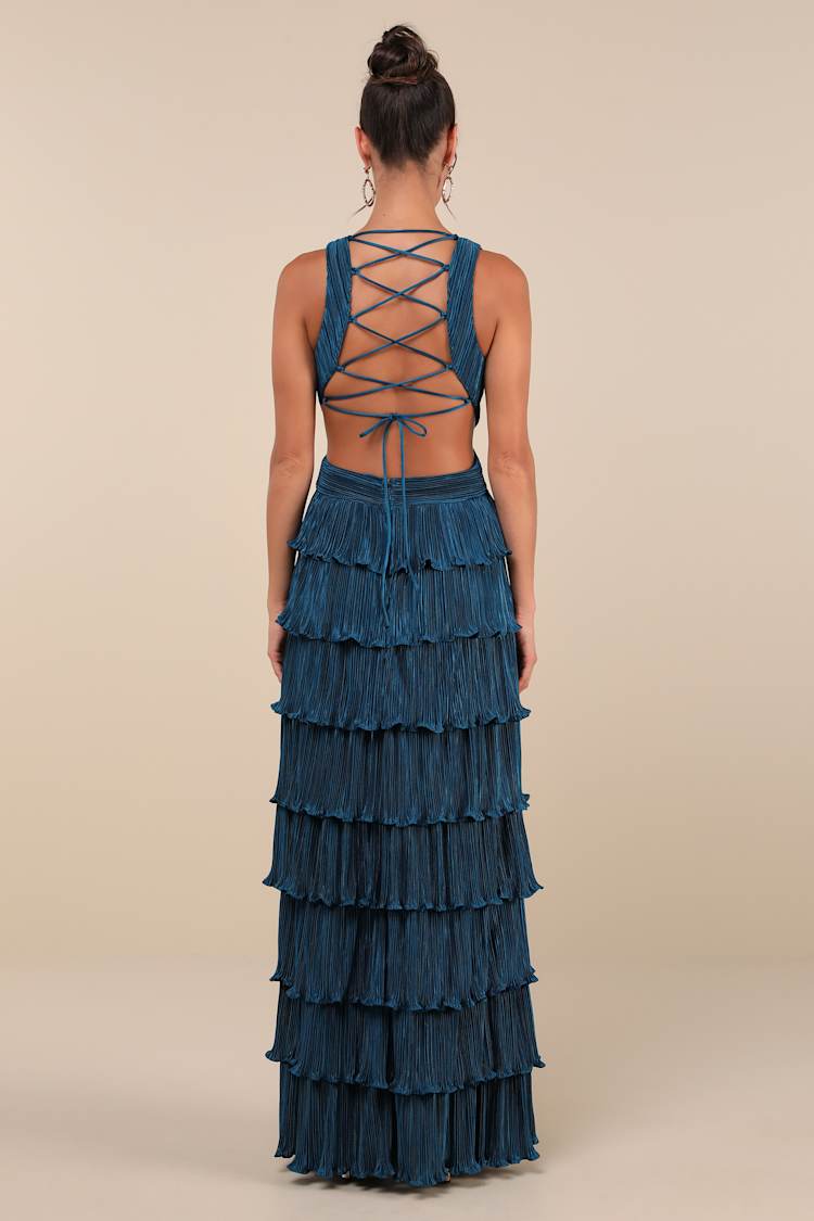 Beauty Icon Dark Teal Satin Pleated Tiered Lace-Up Maxi Dress
