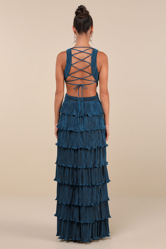 Beauty Icon Dark Teal Satin Pleated Tiered Lace-Up Maxi Dress 2