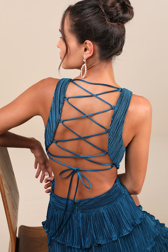 Lulus Beauty Icon Dark Teal Satin Pleated Tiered Lace-up Maxi Dress In Teal
