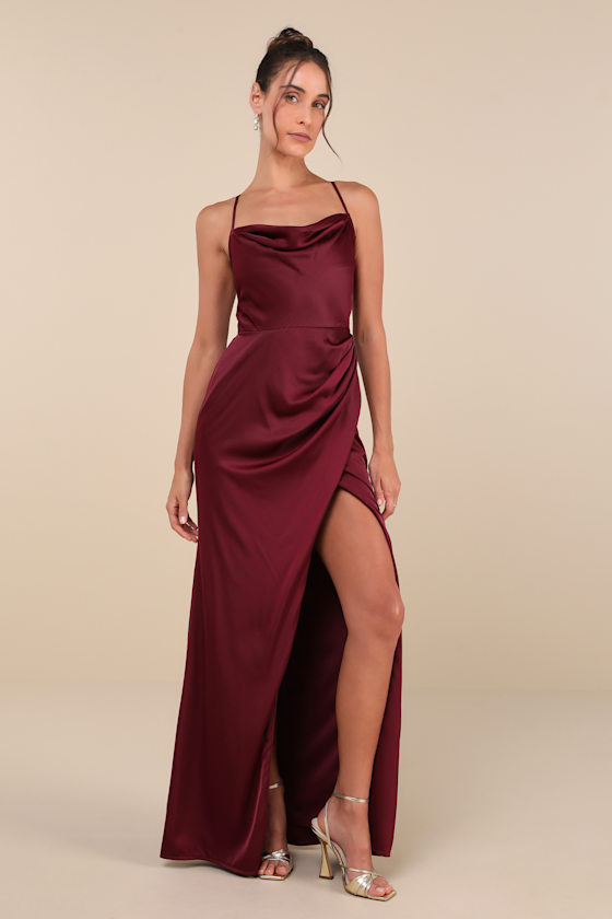 Image of Moments of Beauty Plum Purple Satin Cowl Neck Tulip Maxi Dress