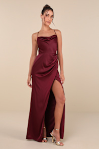 Moments of Beauty Plum Purple Satin Cowl Neck Tulip Maxi Dress 3