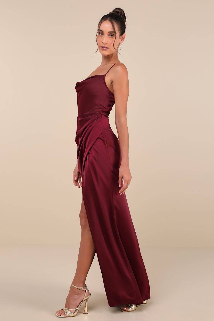 Moments of Beauty Plum Purple Satin Cowl Neck Tulip Maxi Dress
