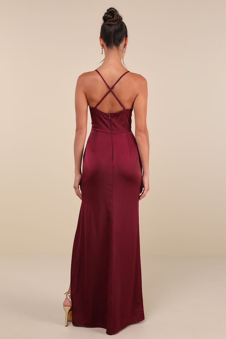 Moments of Beauty Plum Purple Satin Cowl Neck Tulip Maxi Dress