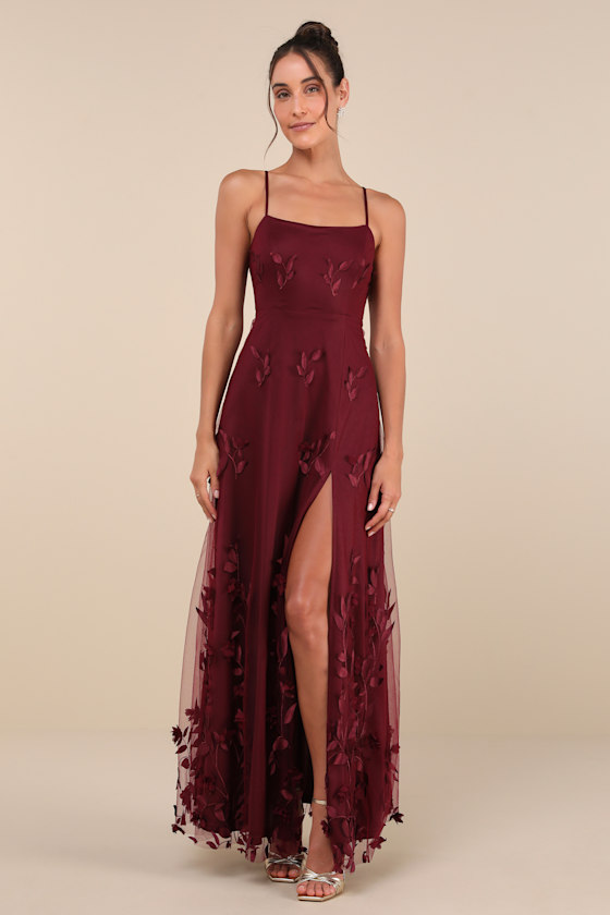 Burgundy Maxi Dress - 3D Floral Applique Dress - Sleeveless