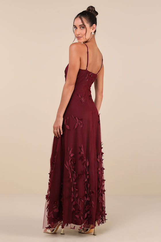 Lulus Abundant Charm Burgundy 3d Floral Applique Maxi Dress In Burgundy