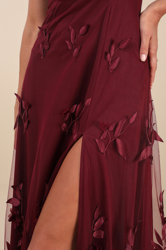 Lulus Abundant Charm Burgundy 3d Floral Applique Maxi Dress In Burgundy