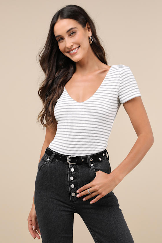 Lulus Sweetest Look White And Grey Striped Short Sleeve Bodysuit In White And Grey