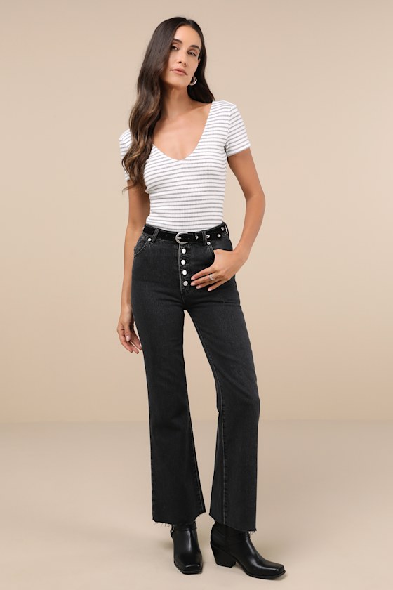 Lulus Sweetest Look White And Grey Striped Short Sleeve Bodysuit In White And Grey
