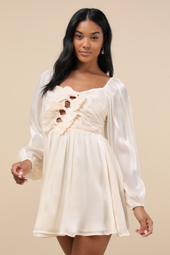 Lulus Playful Delight Champagne Bow-front Long Sleeve Mini Dress In Champagne
