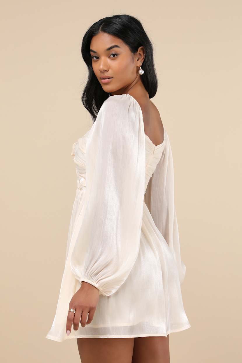 Champagne Bow-Front Dress - Plisse Long Sleeve Dress - Mini Dress - Lulus