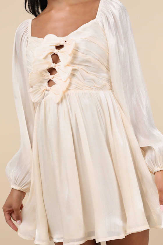 Lulus Playful Delight Champagne Bow-front Long Sleeve Mini Dress In Champagne