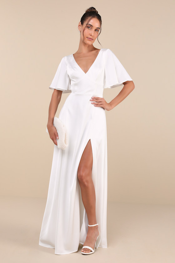 Lulus Elegant Confidence White Satin Flutter Sleeve Cutout Maxi Dress In White