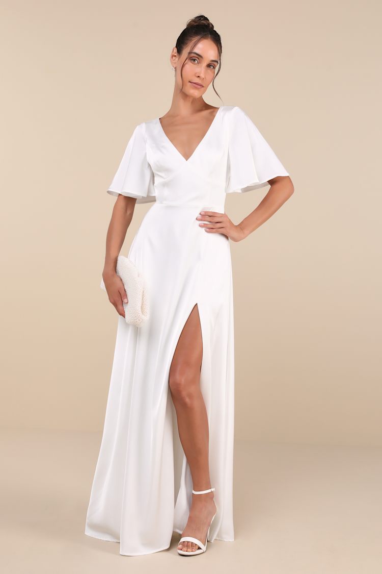 Elegant Confidence White Satin Flutter Sleeve Cutout Maxi Dress