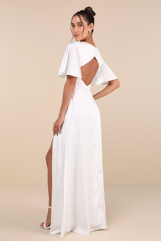 Lulus Elegant Confidence White Satin Flutter Sleeve Cutout Maxi Dress In White