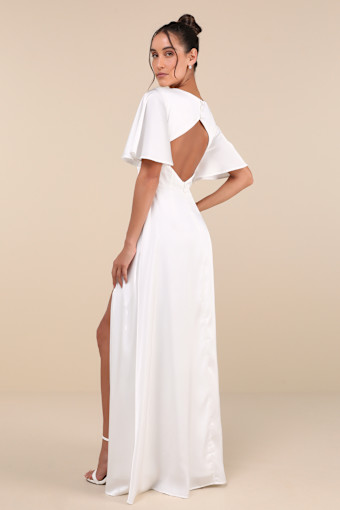 Elegant Confidence White Satin Flutter Sleeve Cutout Maxi Dress 3