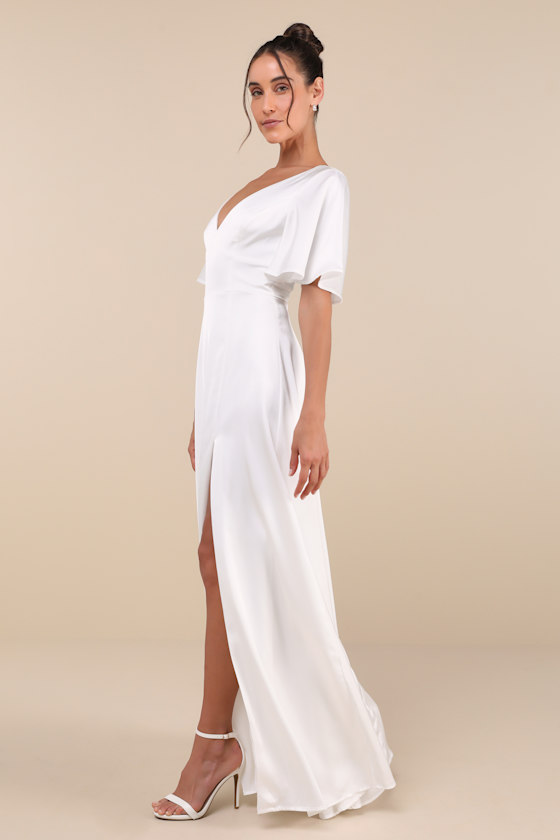 Lulus Elegant Confidence White Satin Flutter Sleeve Cutout Maxi Dress In White