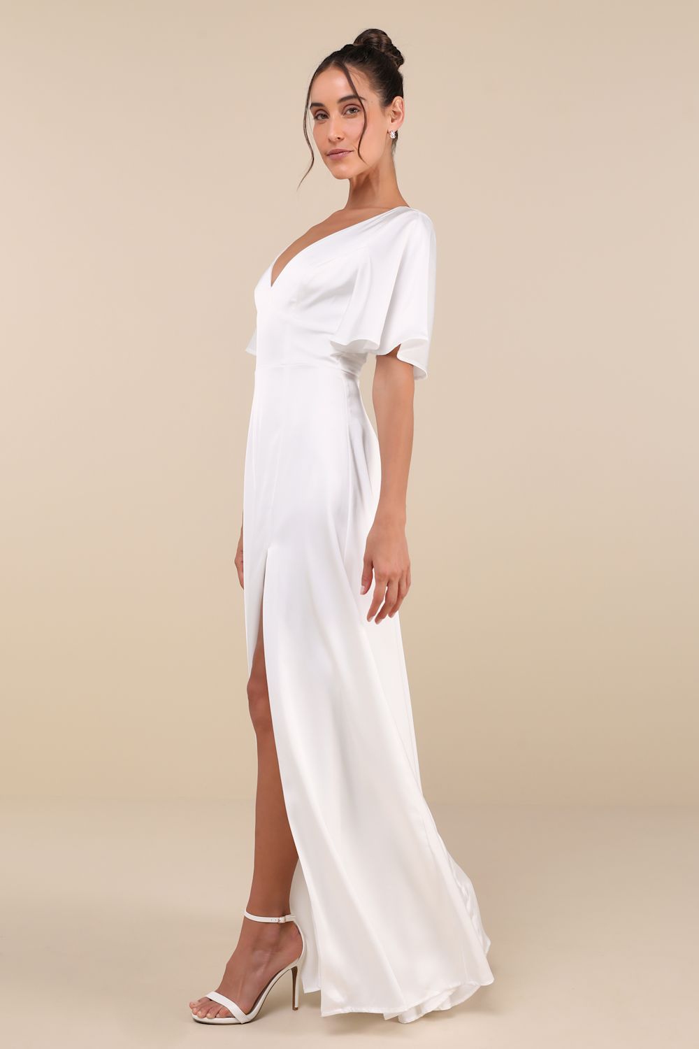 Elegant Confidence White Satin Flutter Sleeve Cutout Maxi Dress
