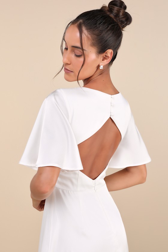 Lulus Elegant Confidence White Satin Flutter Sleeve Cutout Maxi Dress In White