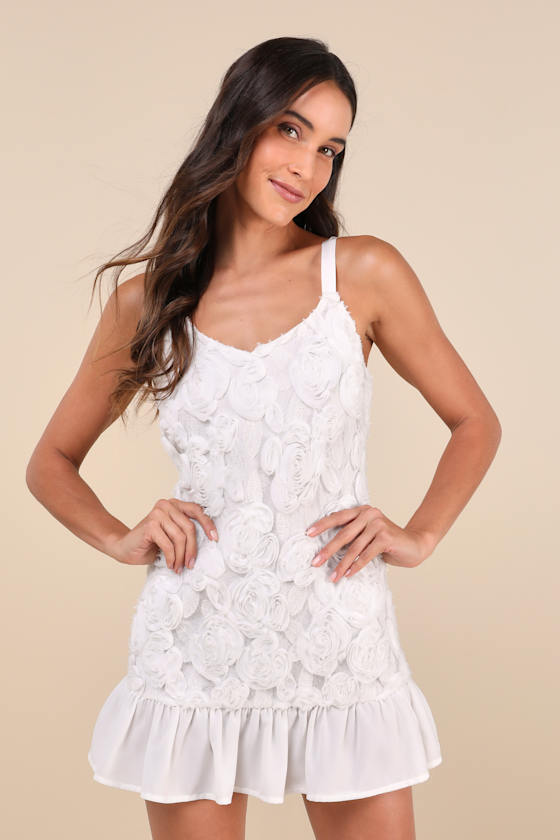 Aesthetic Delight White Rosette Embroidered Shift Mini Dress 1