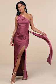 Signature Elegance Mauve Purple Satin One-Shoulder Maxi Dress 1