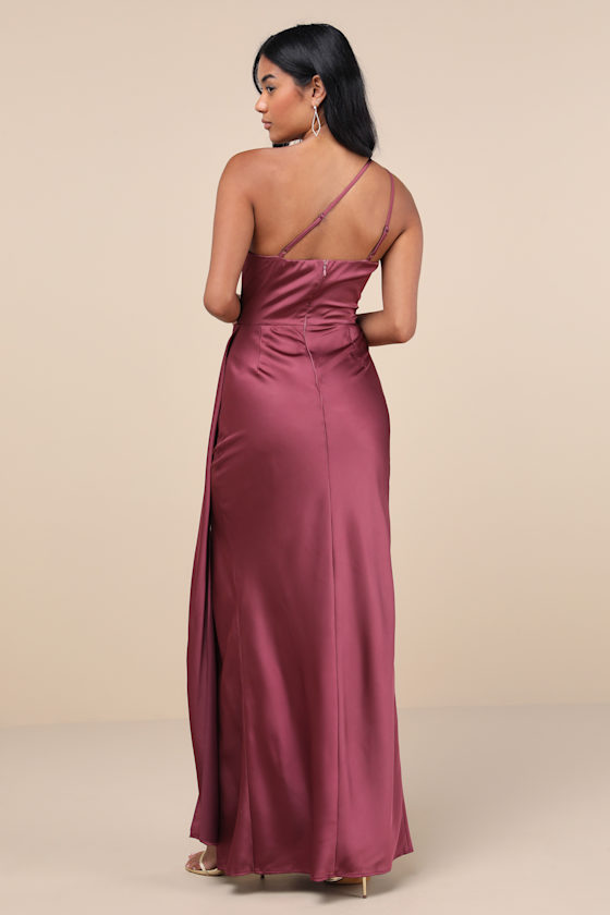 Lulus Signature Elegance Mauve Purple Satin One-shoulder Maxi Dress In Mauve