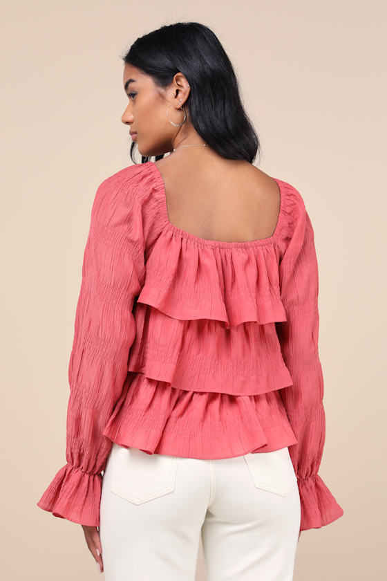 Lulus Tier Decadence Pink Tiered Ruffled Long Sleeve Button-up Top In Pink