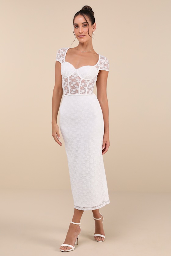 Lulus Flirtatious Presence White Sheer Lace Bustier Midi Dress In White