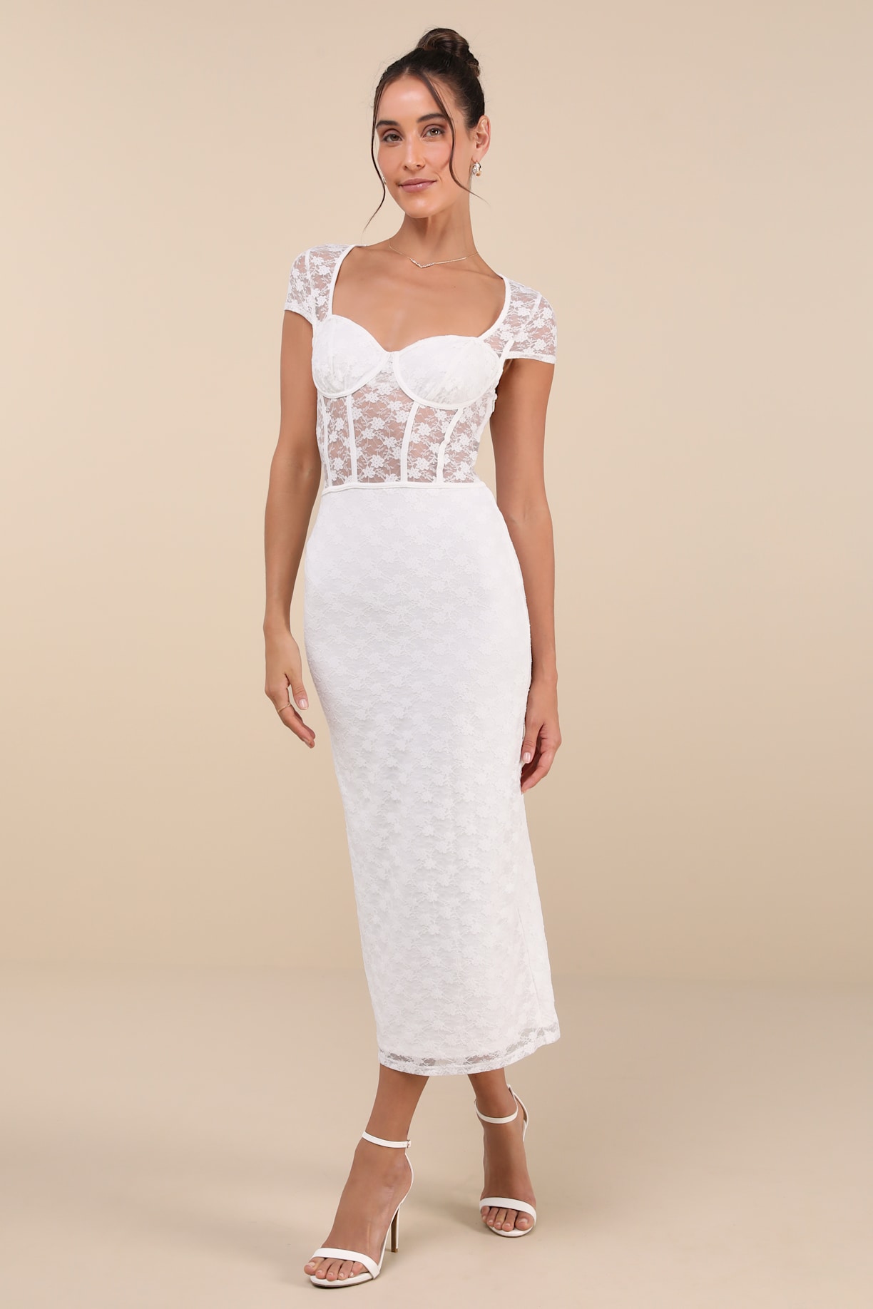 Flirtatious Presence White Sheer Lace Bustier Midi Dress
