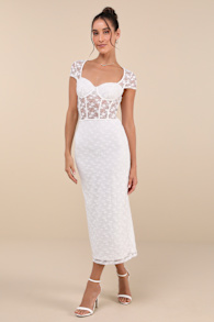 Flirtatious Presence White Sheer Lace Bustier Midi Dress