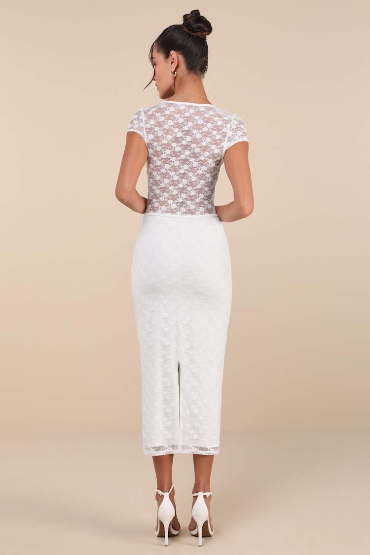 Flirtatious Presence White Sheer Lace Bustier Midi Dress