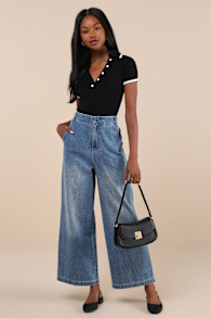 Trending Outlook Medium Wash High-Rise Wide-Leg Jeans