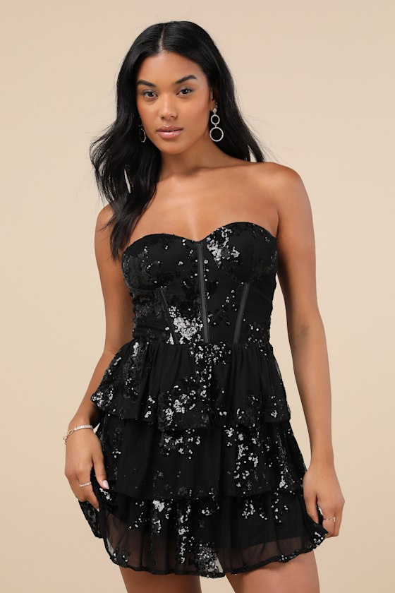 Lulus Definite Glamour Black Mesh Sequin Bustier Tiered Mini Dress In Black