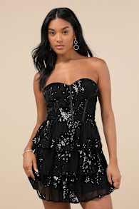 Definite Glamour Black Mesh Sequin Bustier Tiered Mini Dress 2