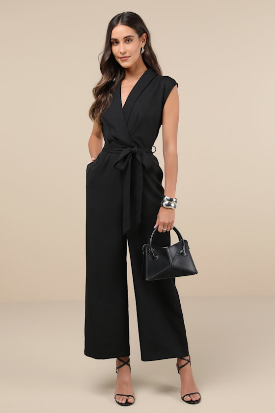 Lulus Impressive Direction Black Collared Sleeveless Wide-leg Jumpsuit In Black