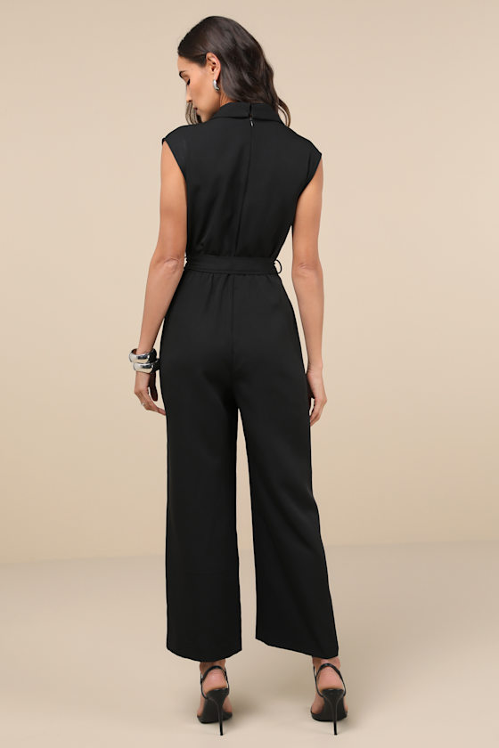 Lulus Impressive Direction Black Collared Sleeveless Wide-leg Jumpsuit In Black