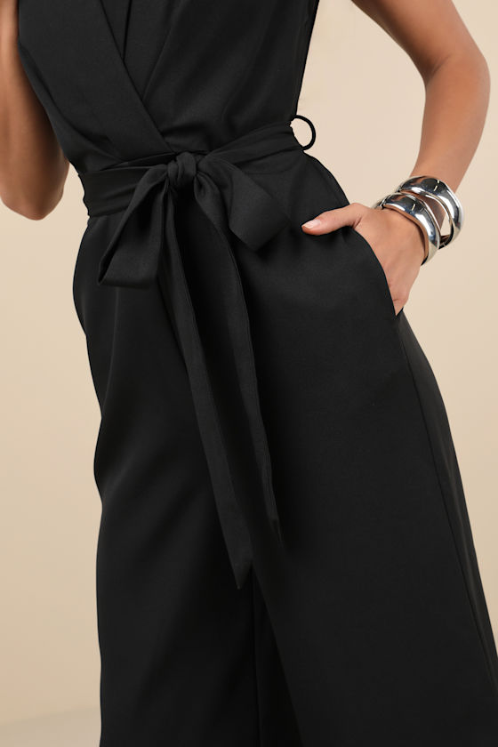 Lulus Impressive Direction Black Collared Sleeveless Wide-leg Jumpsuit In Black