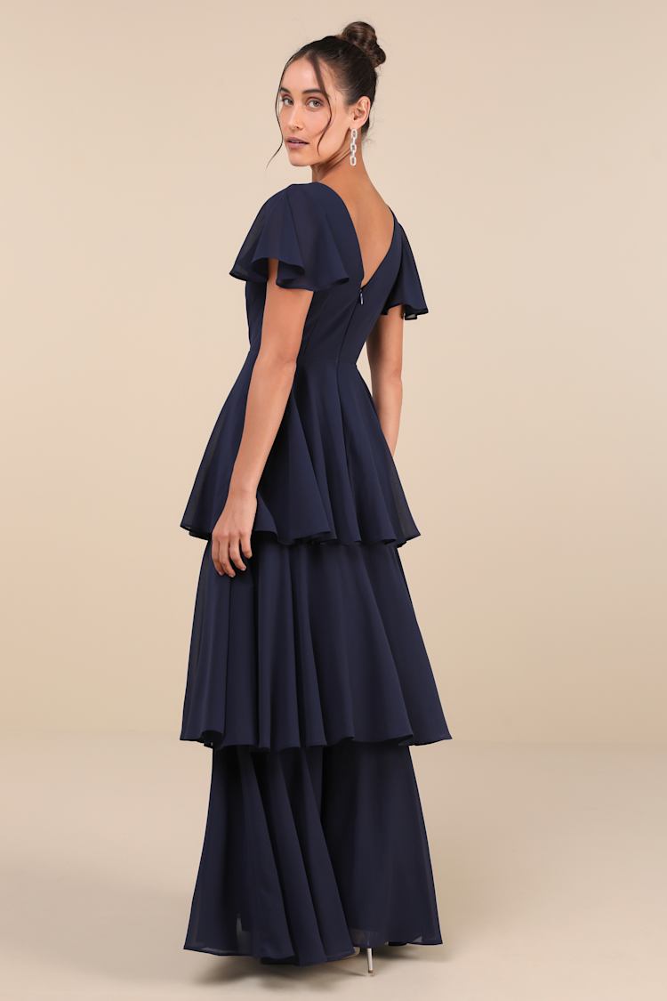Sincerely Exquisite Navy Blue Short Sleeve Tiered Maxi Dress