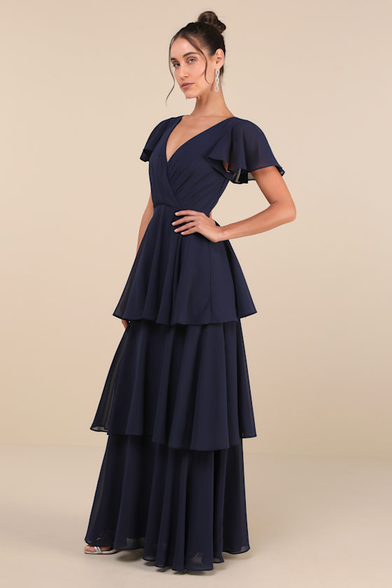 Lulus Sincerely Exquisite Navy Blue Short Sleeve Tiered Maxi Dress In Navy Blue