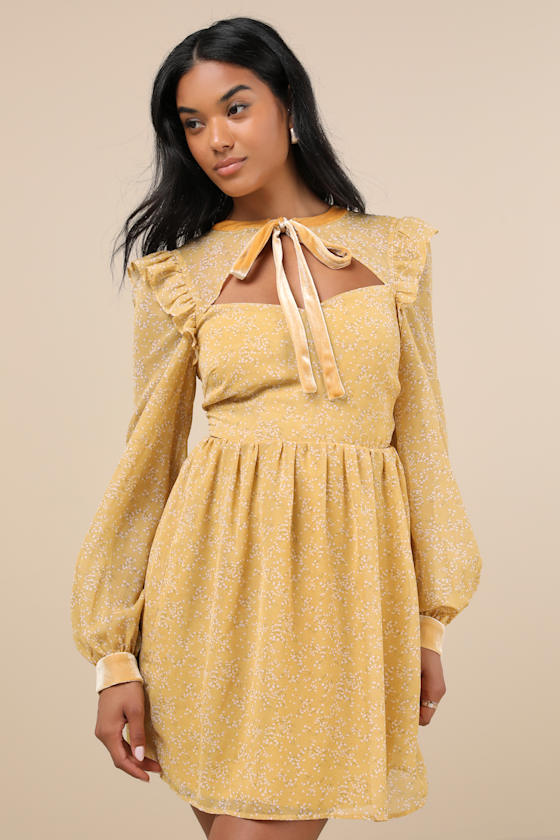 Lulus Posh Impression Yellow Floral Print Tie Neck Mini Dress In Yellow
