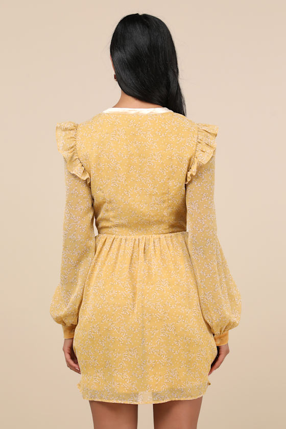 Lulus Posh Impression Yellow Floral Print Tie Neck Mini Dress In Yellow