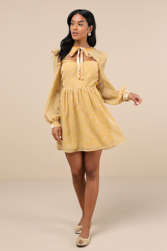 Lulus Posh Impression Yellow Floral Print Tie Neck Mini Dress In Yellow