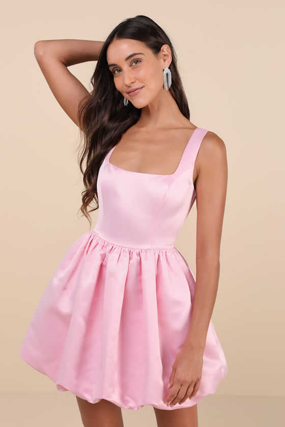Light Pink Mini Dress - Satin Mini Dress - Bubble-Hem Mini