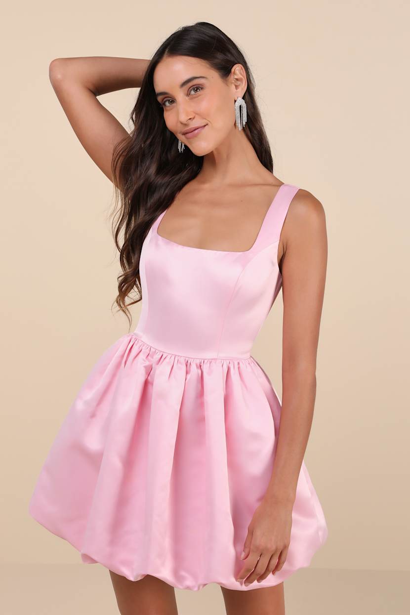 Regal Cutie Light Pink Satin Square Neck Bubble-Hem Mini Dress