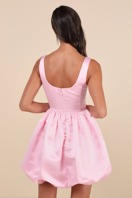 Lulus Regal Cutie Light Pink Satin Square Neck Bubble-hem Mini Dress In Light Pink