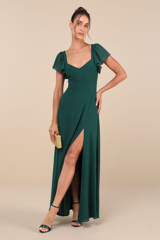 Simply Delightful Dark Green Tie-Back Flutter Sleeve Maxi Dress 1