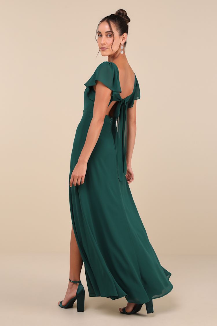 Simply Delightful Dark Green Tie-Back Flutter Sleeve Maxi Dress