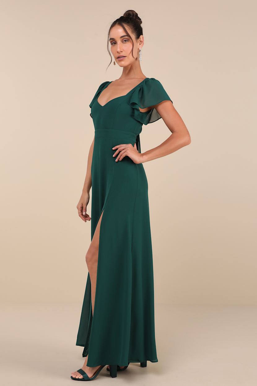 Simply Delightful Dark Green Tie-Back Flutter Sleeve Maxi Dress