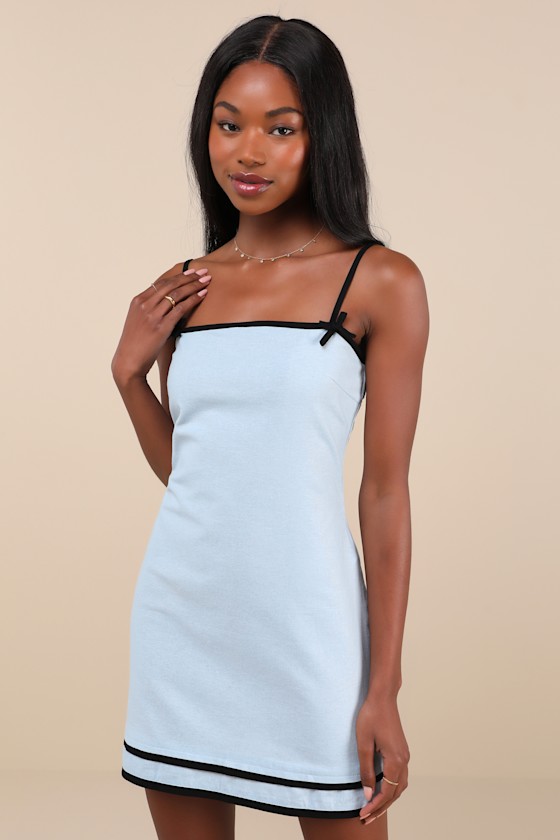 Plasina Light Blue and Black Cotton Sleeveless Bow Mini Dress 2